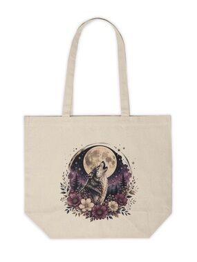 Wolf Howling at Moon Floral Canvas Tote Bag – Celestial Boho Nature Bag